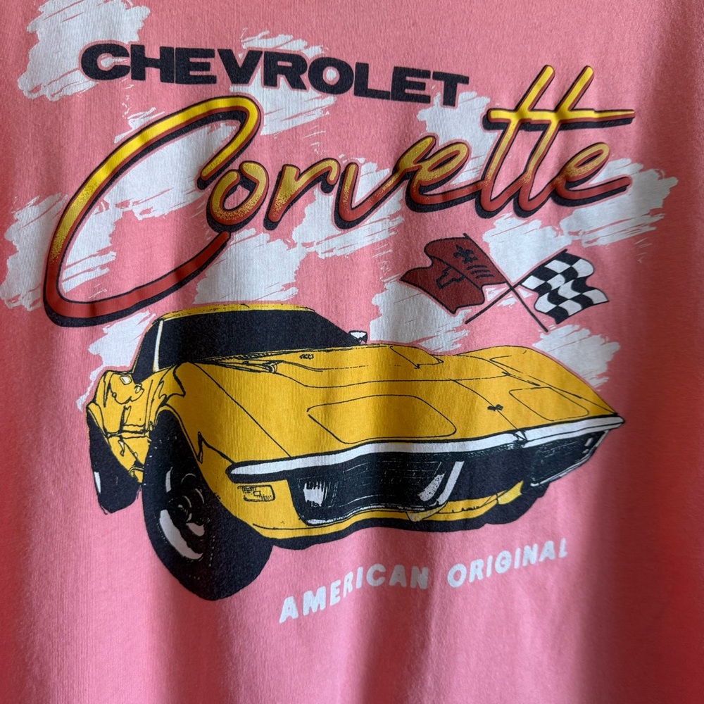 Vintage Style Yellow Corvette Graphic Tee Pink Size Large 12/14 GM Official - Picture 2 of 4